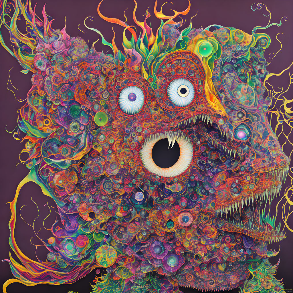 Colorful Psychedelic Creature with Multiple Eyes and Swirling Patterns