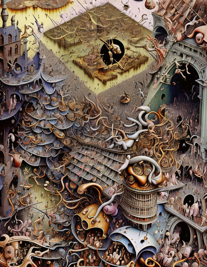 Intricate surreal artwork: architectural, mechanical, and fantastical elements