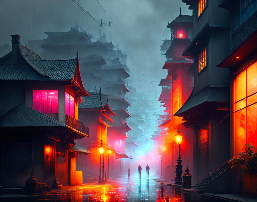 Digital artwork of rainy, neon-lit Asian street scene