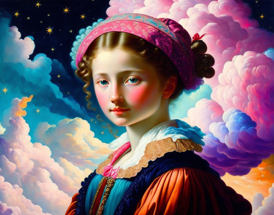 Colorful Surrealist Portrait of Young Woman in Historical Clothing Against Whimsical Sky