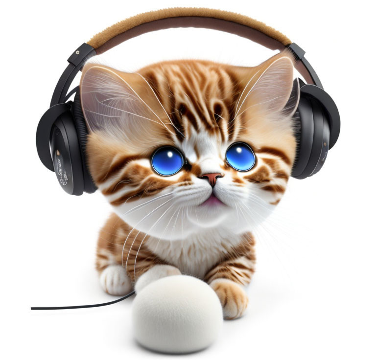 Orange Tabby Kitten Cartoon Illustration with Blue Eyes and Headphones