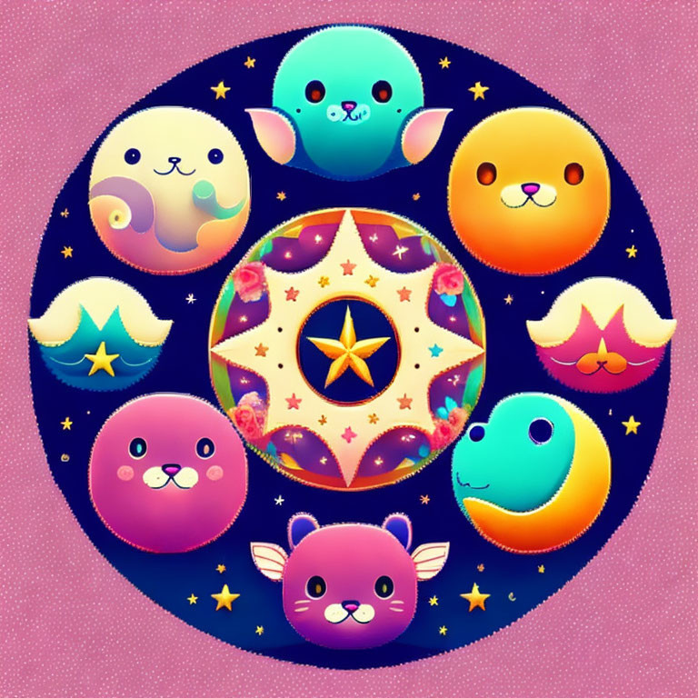 Vibrant illustration of round animals and whimsical shapes on star-filled backdrop