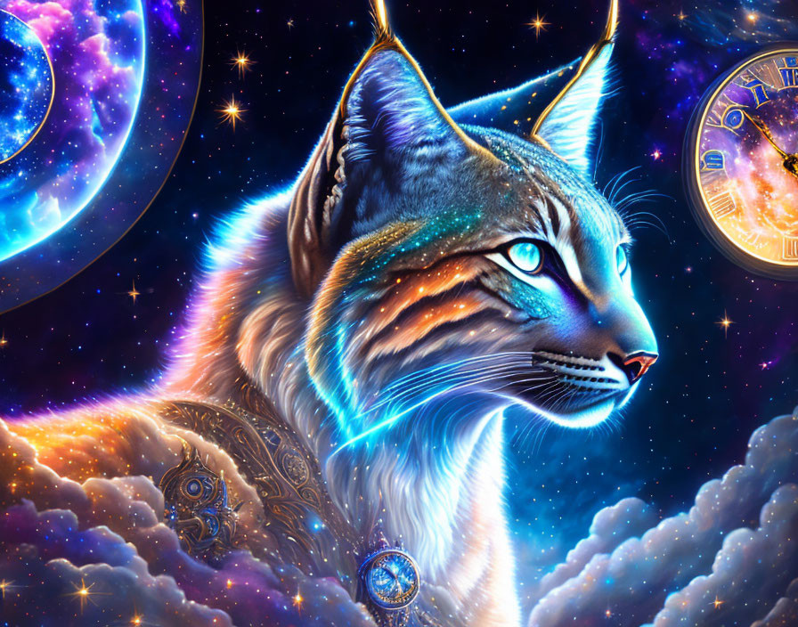 Colorful Cosmic Cat Artwork with Starry Space Background