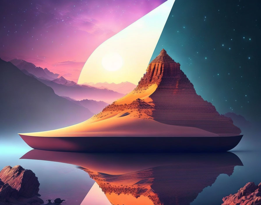 Surreal boat in desert pyramid landscape with day-night sky contrast