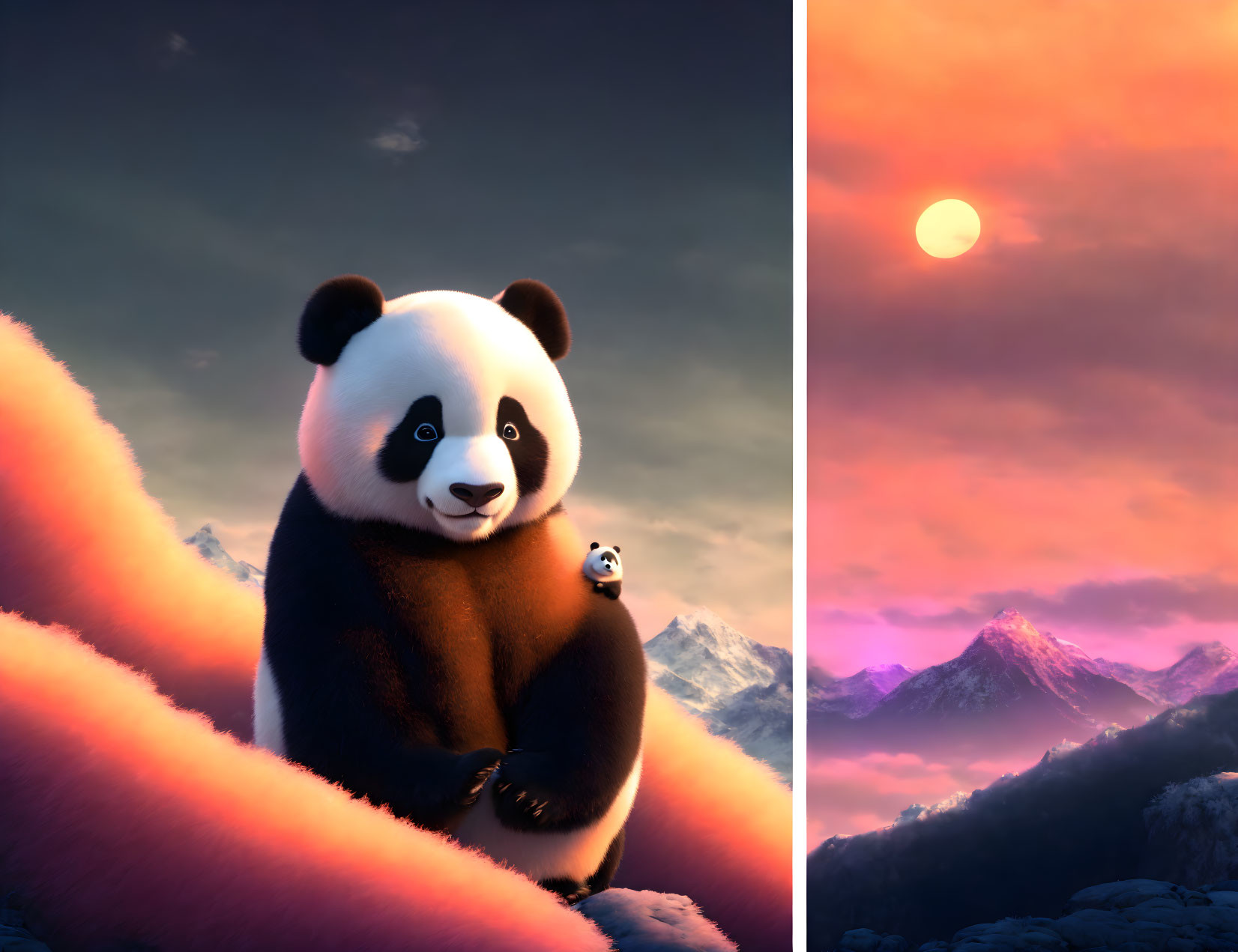 Giant panda holding baby panda in surreal sunset scene