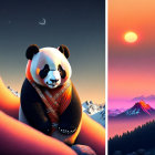 Giant panda holding baby panda in surreal sunset scene