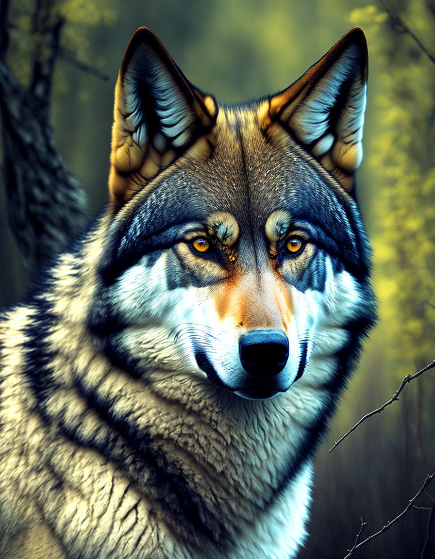 Detailed Wolf Portrait Against Forest Background