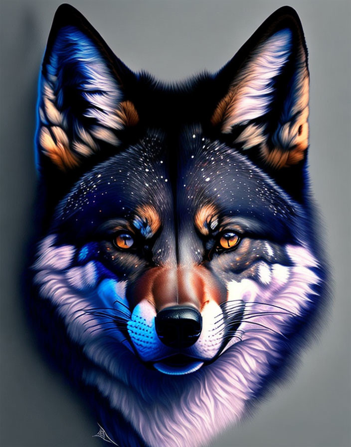 Detailed Wolf Face Digital Artwork with Vibrant Blue-Purple Hues