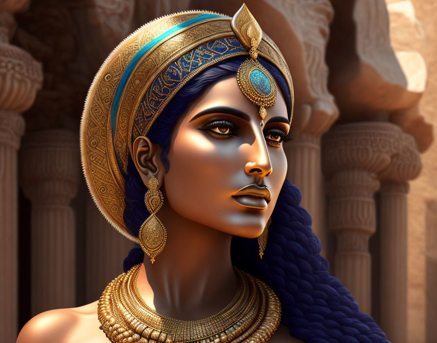 Blue-skinned woman with golden ethnic jewelry in front of ancient temple