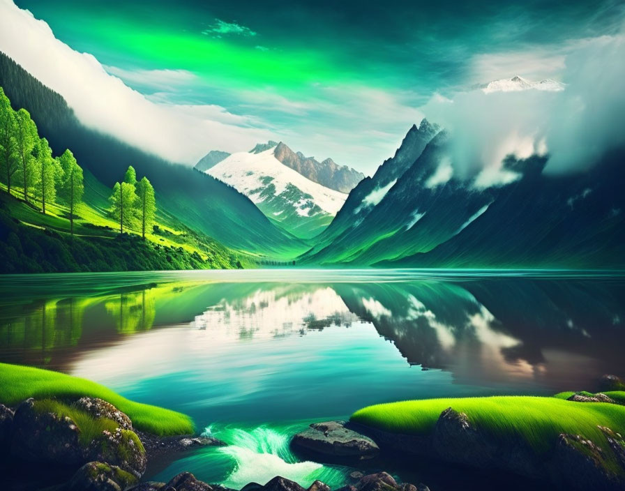 Serene mountain landscape with green valley, reflective lake, and snow-capped peaks