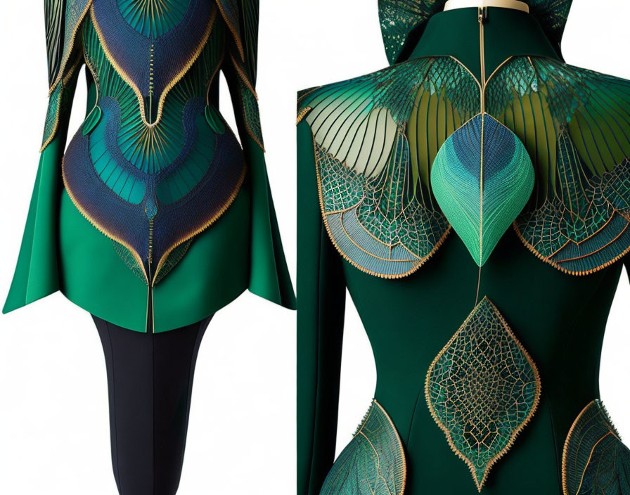 Avant-garde peacock feather design on sleek dark green dress