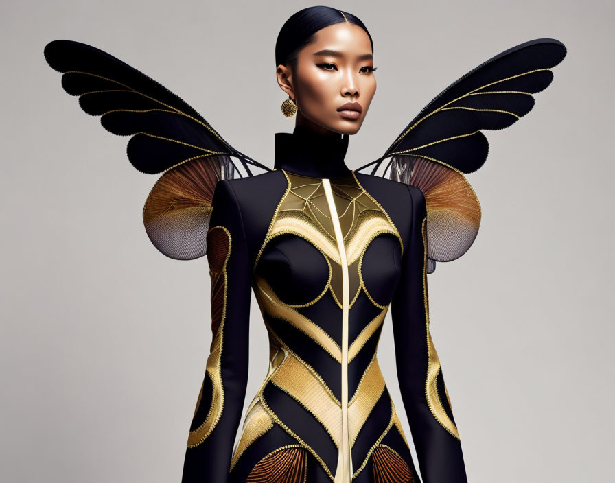 Fashion model in black and gold bodysuit with intricate pattern and dragonfly-like wings on neutral background