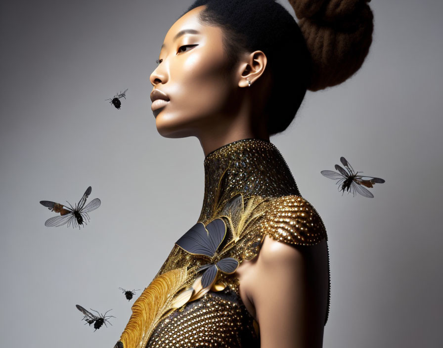 Elegant woman in golden feathered outfit with dragonflies on neutral backdrop