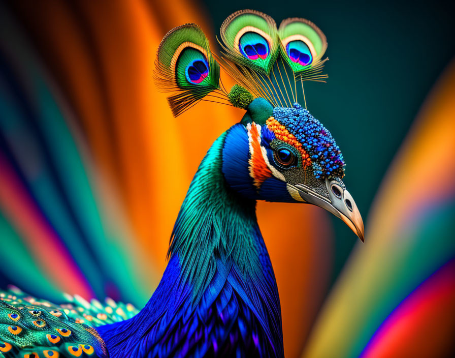 Colorful peacock showcasing vibrant blue and green plumage and iridescent tail feathers.