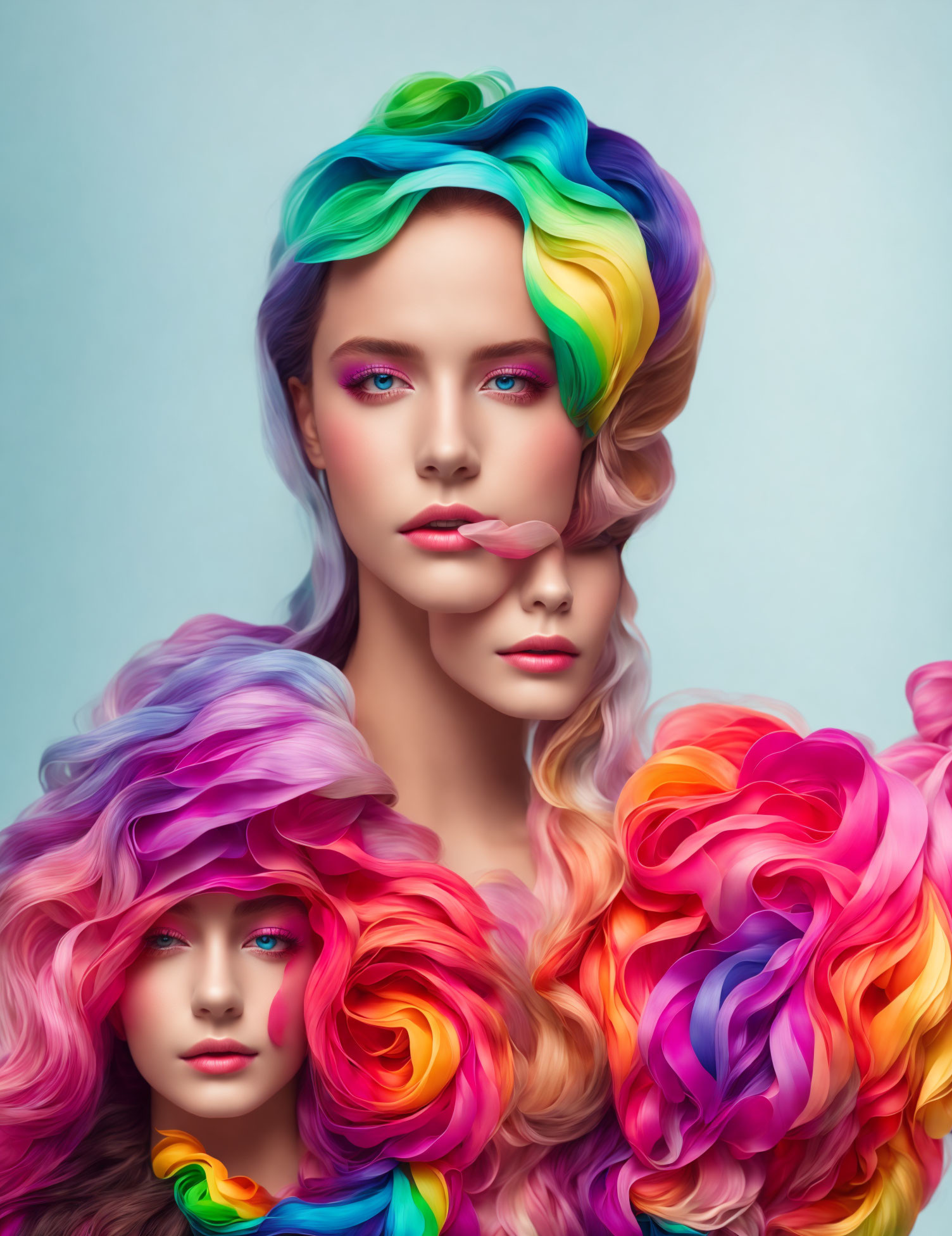 Voluminous Multicolored Hair on Three People Against Teal Background