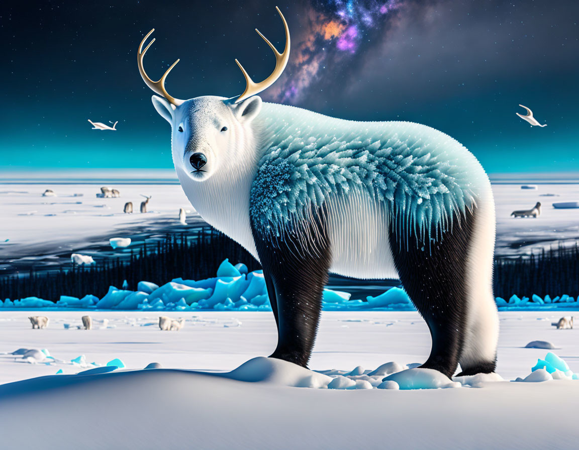 Mythical creature with polar bear head, deer antlers, snowy landscape, aurora borealis