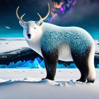 Mythical creature with polar bear head, deer antlers, snowy landscape, aurora borealis