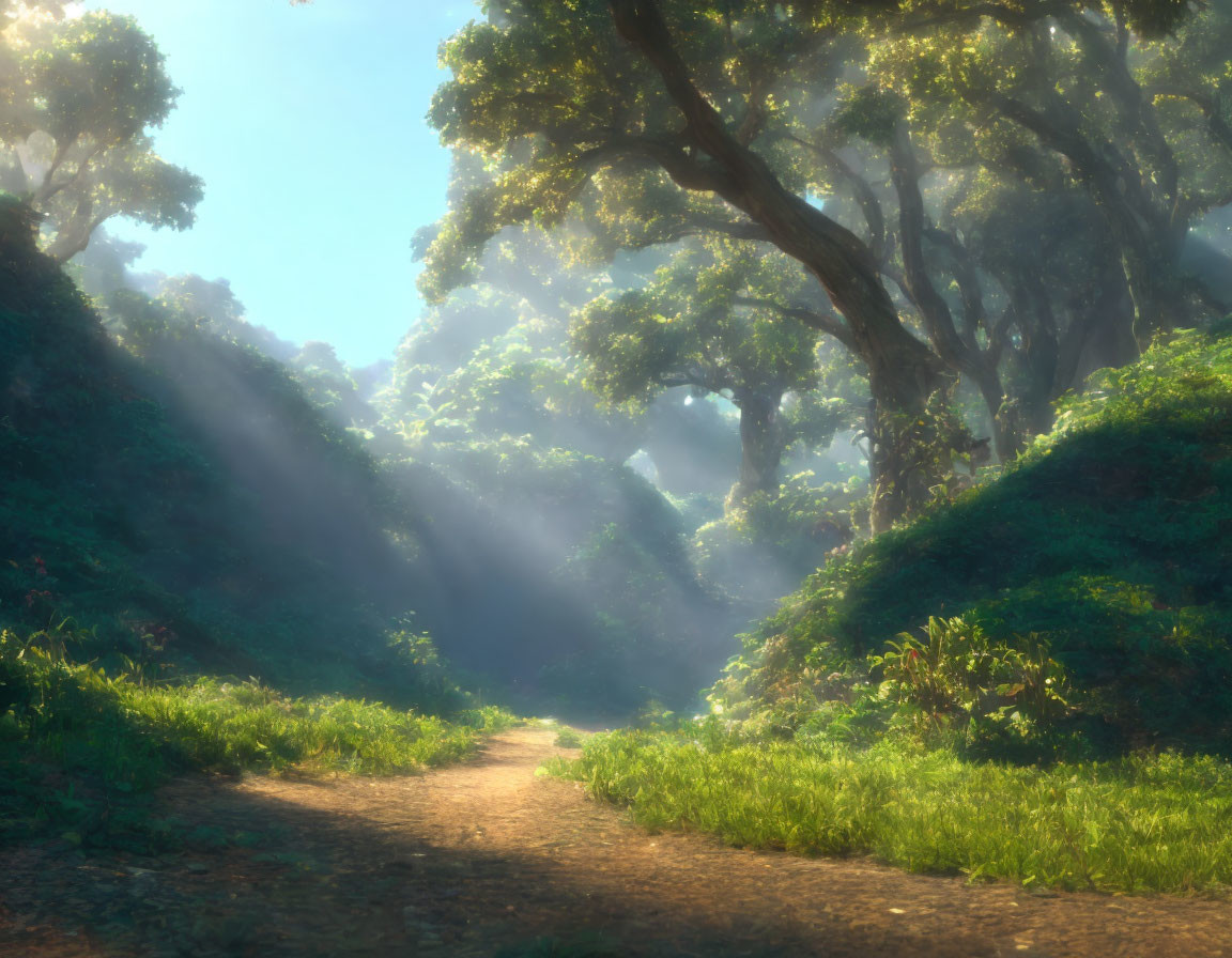 Sunlit forest path with mystical atmosphere and lush greenery