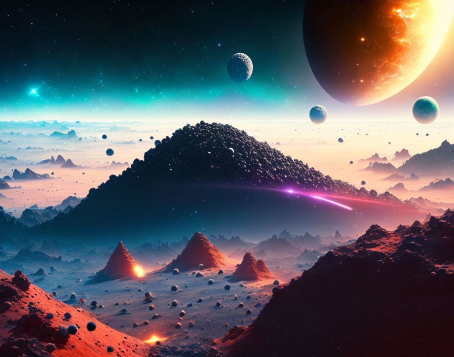 Sci-fi landscape with glowing pyramids, alien terrain, planets, and spaceship