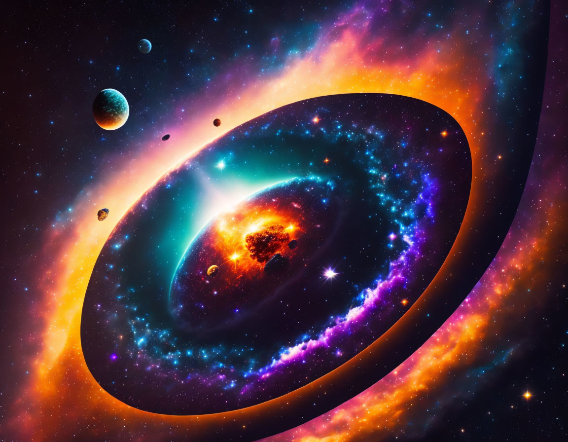 Colorful cosmic scene: galaxy, ring, planets, nebulae, starry space