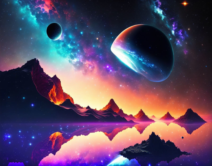 Colorful cosmic landscape with mirrored mountains and three planets.