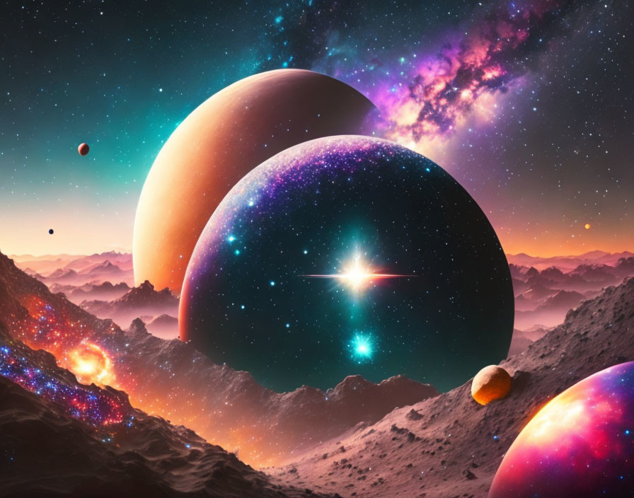 Colorful cosmic landscape with oversized planets and bright star over mountainous terrain