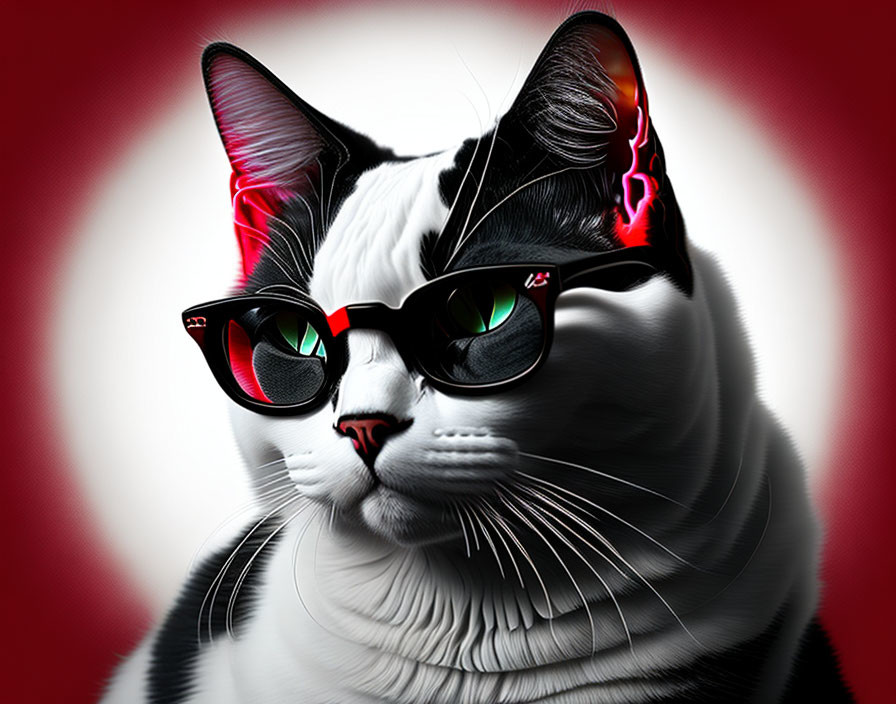 Stylized black and white cat with green eyes in red sunglasses on red and white backdrop