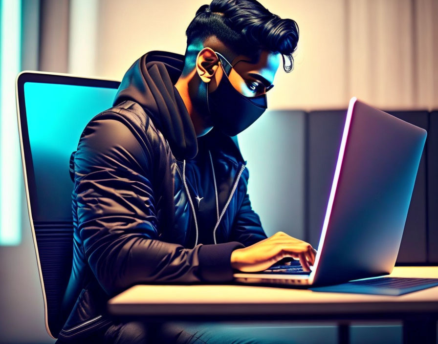 Person typing on laptop with mask and sunglasses in cyberpunk setting