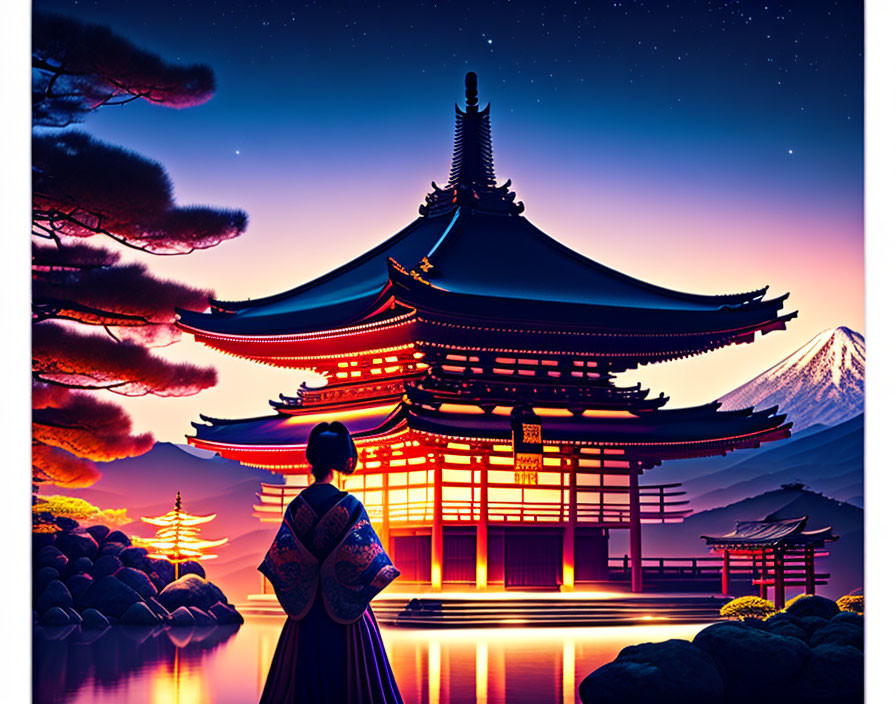 Traditional attire person gazes at Japanese pagoda, Mount Fuji, sunset, and starry sky reflection