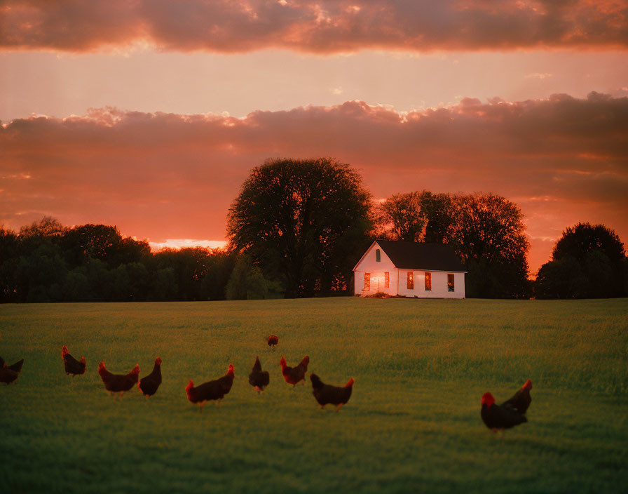 Tranquil sunset over white house and chickens