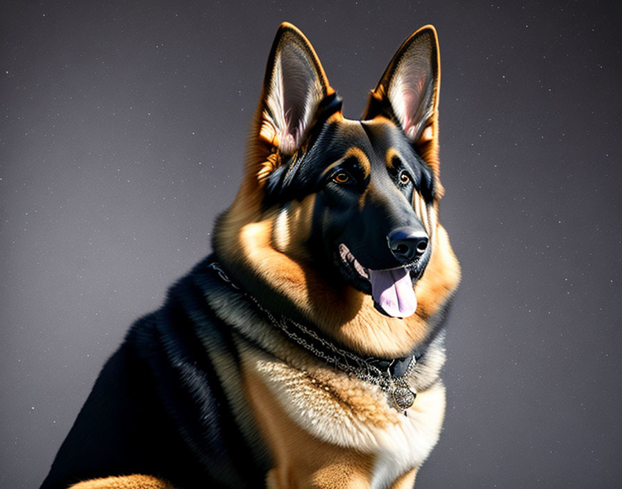 Glossy-coated German Shepherd dog with perked ears sitting against dark background