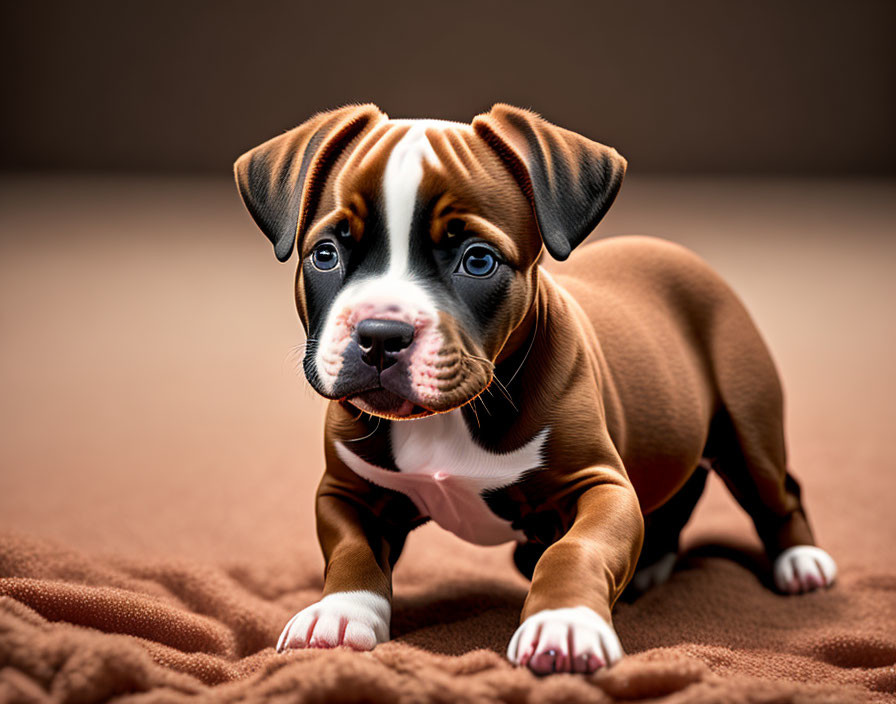 Brown and White Puppy with Blue Eyes on Textured Surface