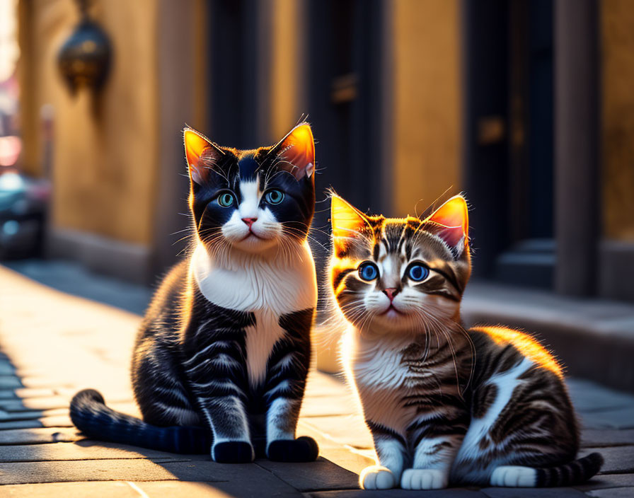 Two striped cats with bright amber eyes on cobblestone street at golden hour