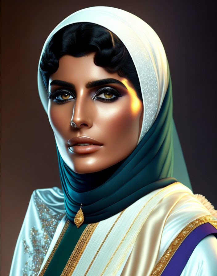 Woman in headscarf and hijab with dramatic makeup on warm background