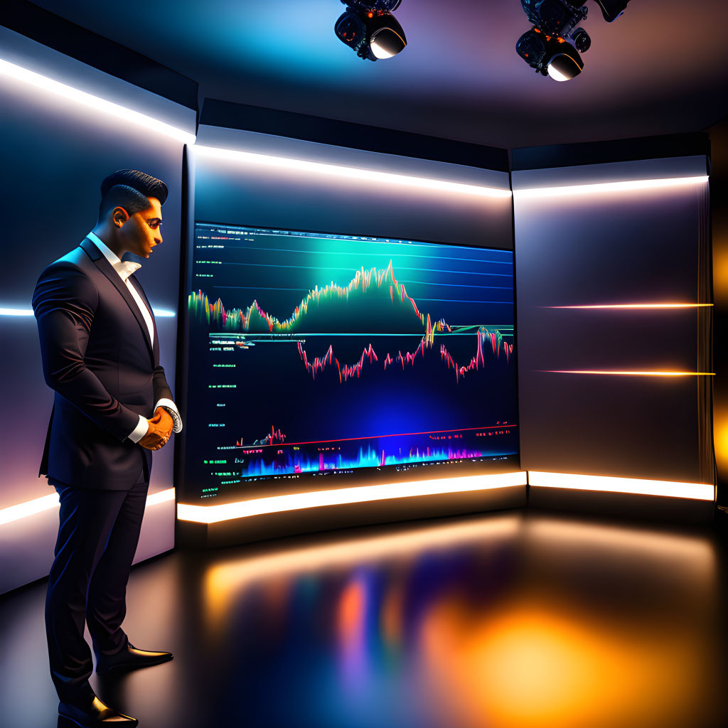 Professional in Suit Analyzing Financial Graphs on Large Screens