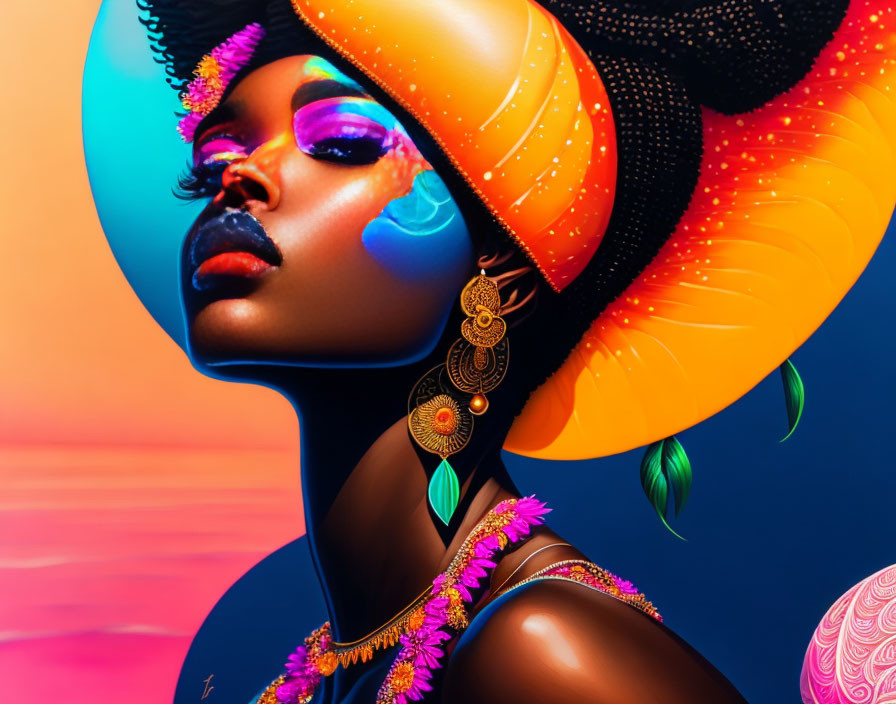 Vibrant makeup and gold jewelry on a woman in stylish hat on colorful backdrop