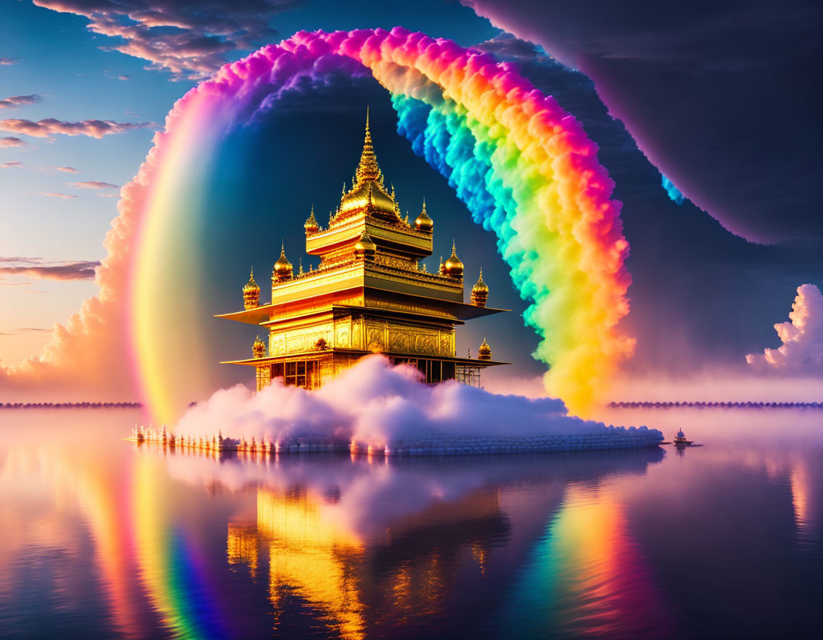 Golden temple surrounded by clouds on water under colorful rainbow