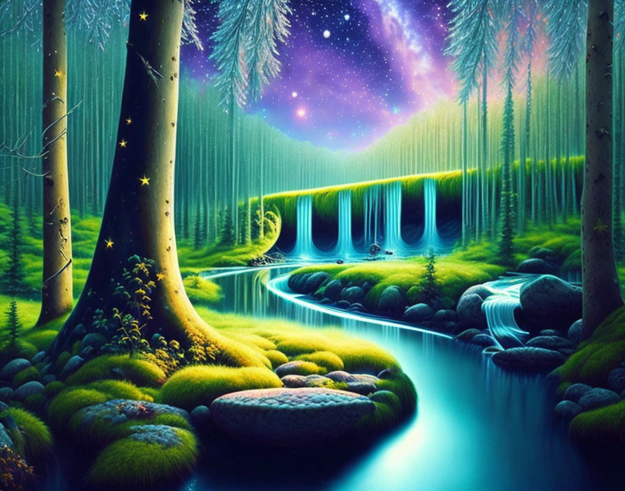 Enchanting fantasy forest with glowing river and ethereal trees