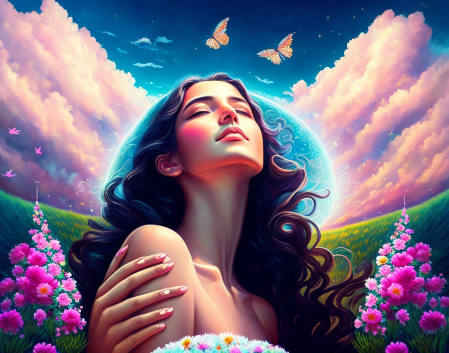 Woman with flowing hair, flowers, butterflies, and full moon in twilight sky