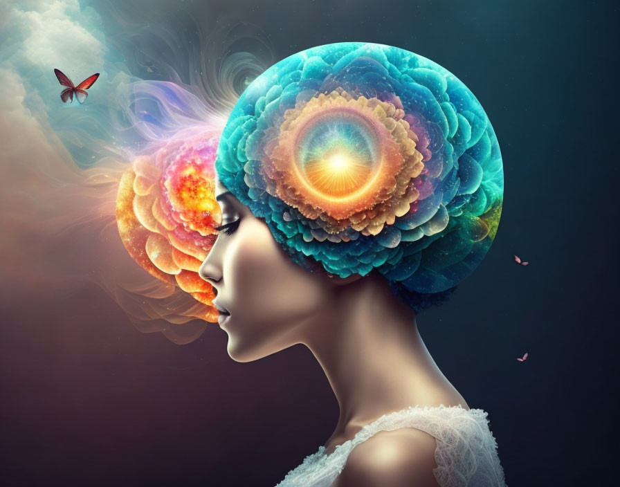 Colorful abstract brain in woman's profile with blooming flowers and butterflies