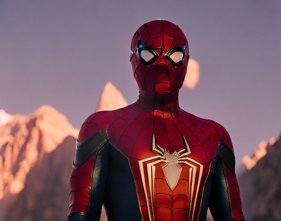 Person in Spider-Man Costume Against Twilight Mountains: Detailed Superhero Suit Design