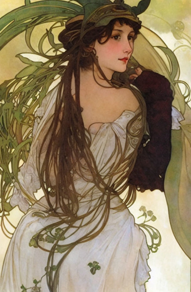 Art Nouveau Style Woman Illustration with Flowing Hair and Greenery