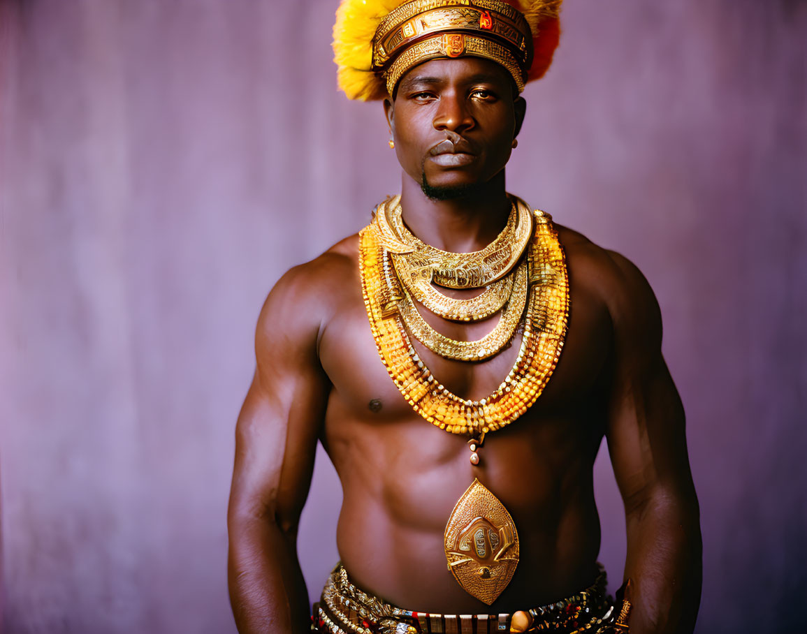 Traditional African Regalia with Bead Necklaces and Feathered Headdress on Purple Background