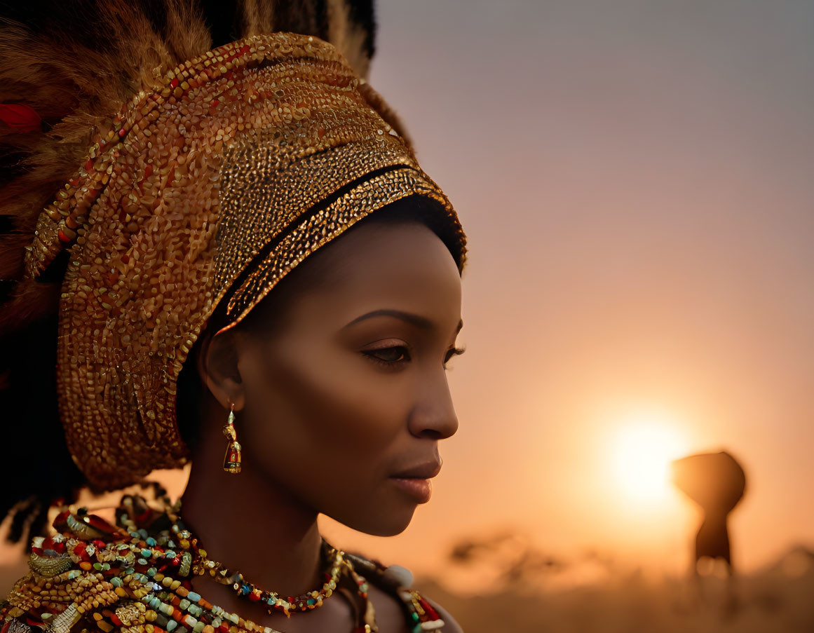 Traditional headdress woman with beaded jewelry and elephant silhouette at sunset