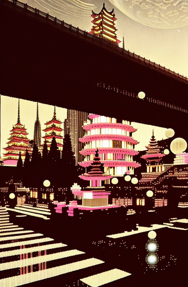 Neon Pagodas and Reflective Surfaces in Retro Digital Art