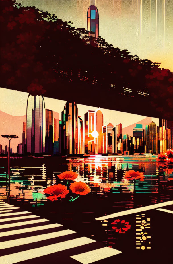 Futuristic cityscape digital artwork with skyscrapers, red flowers, and sunset palette