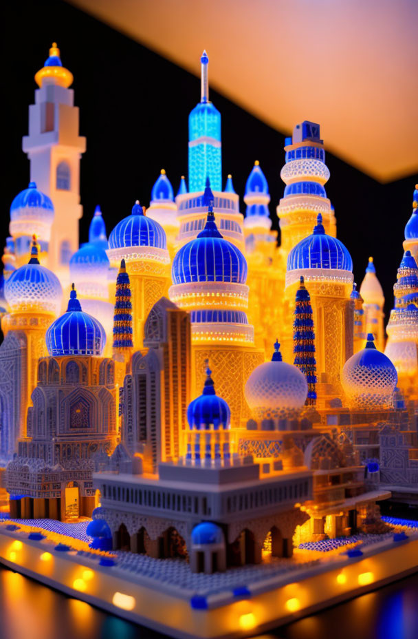 Detailed miniature cityscape with blue and white illuminated buildings