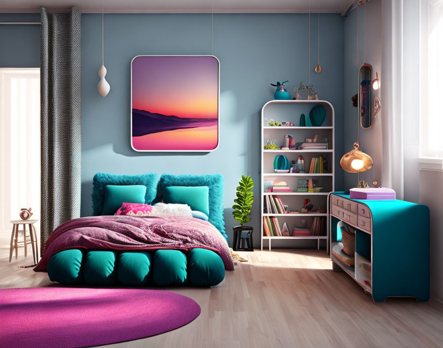 Teal and Pink Themed Cozy Bedroom with Plush Bedding & Hanging Artwork