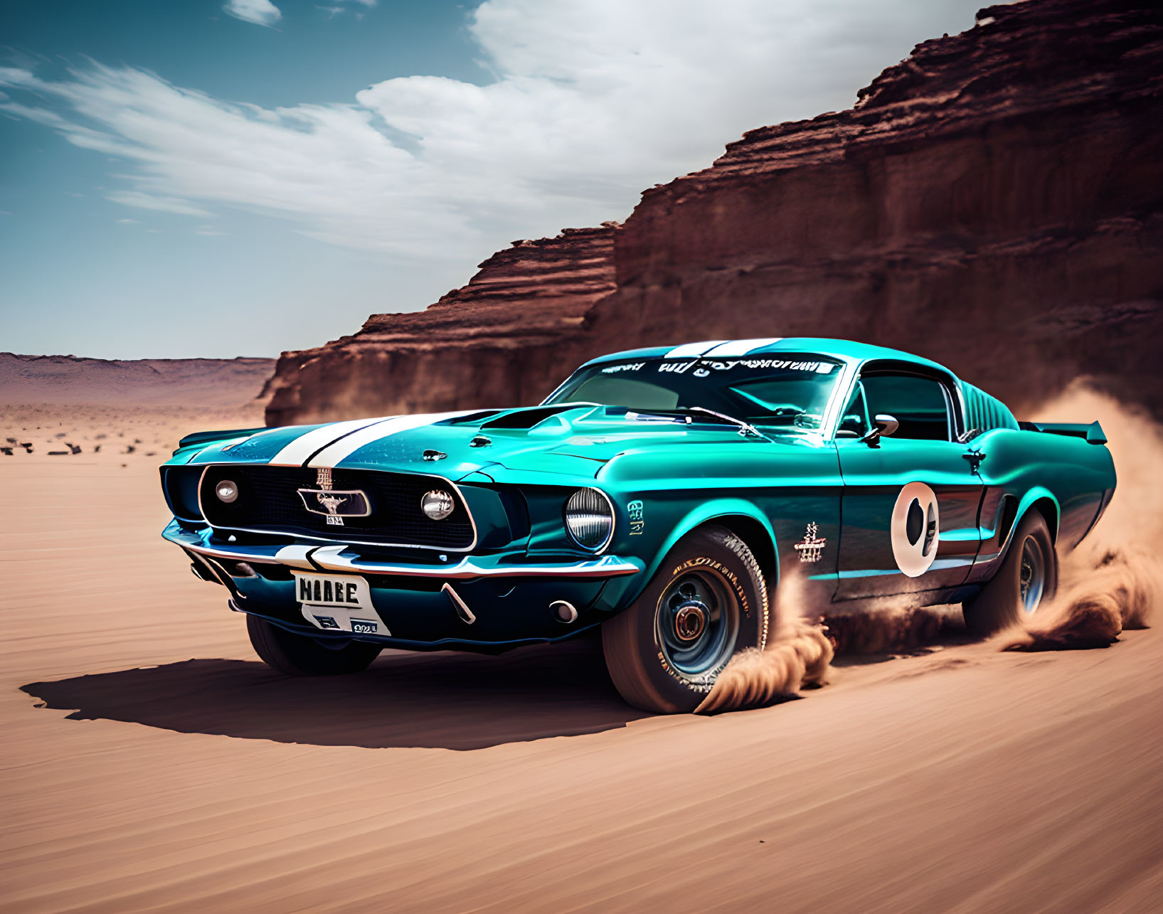 Classic Turquoise Ford Mustang Racing in Desert