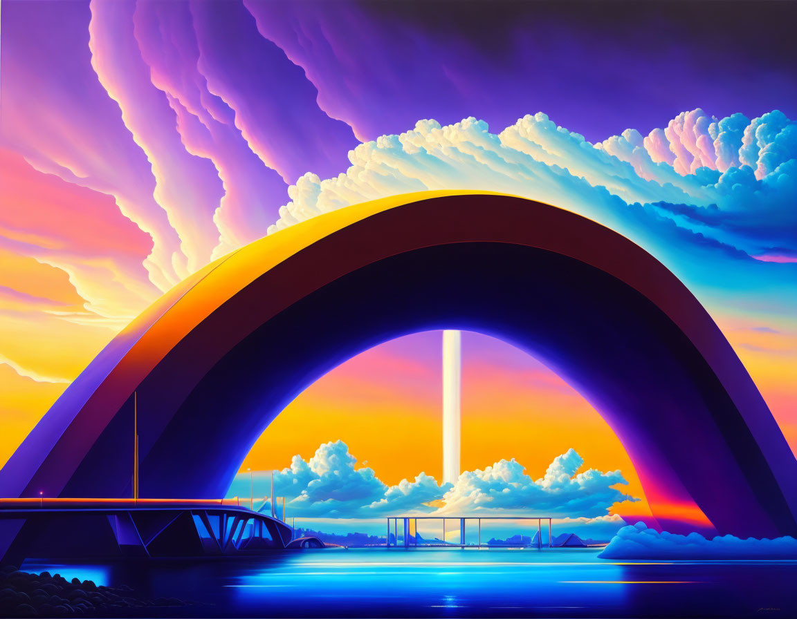 Vibrant digital artwork: futuristic landscape with arched bridge under colorful sky.